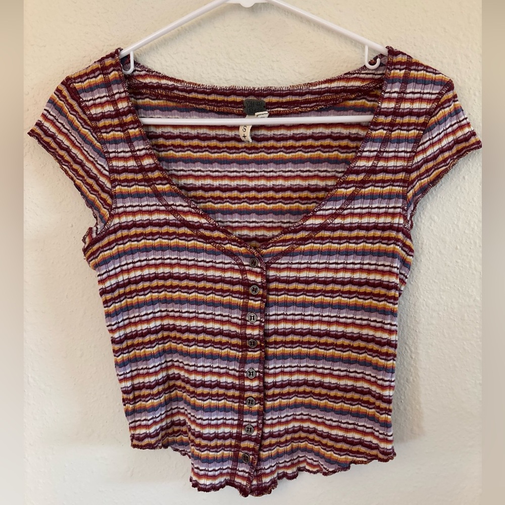 We The Free Crop Top Small Striped Ribbed Asymmetrical Baby Tee Button Front
